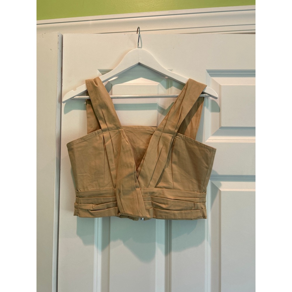 KOCH Crisscross Pleated Crop Top Tank Wide Strap Khaki Tan Size S - Picture 2 of 5